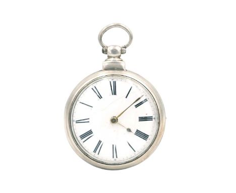 A William VI silver pair case fusee verge pocket watch. The white enamel dial with Roman numerals, the unsigned movement with