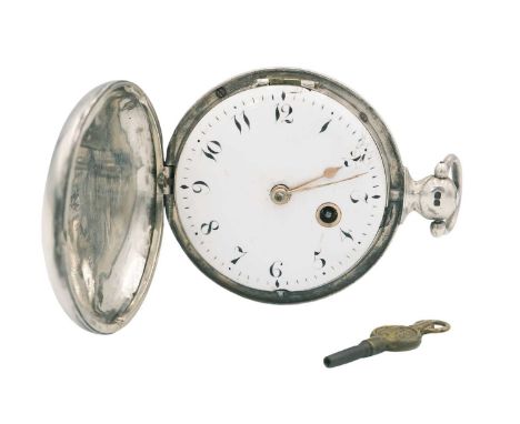 A George III silver cased fusee verge full hunter pocket watch. The white enamel dial with black Arabic numerals and front wi
