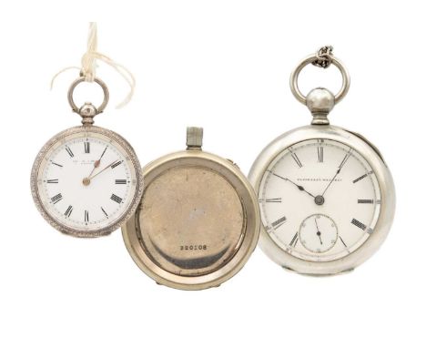 An Elgin nickel cased pocket watch, a silver cased fob watch and a Railway Time Keeper nickel case. The Elgin with key wind l