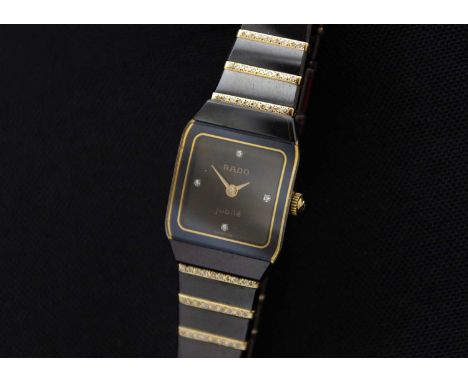 RADO - A Jubile Diamond Star lady's black ceramic and gold-plated quartz bracelet wristwatch. Ref. 204.0299.3, the 14mm black