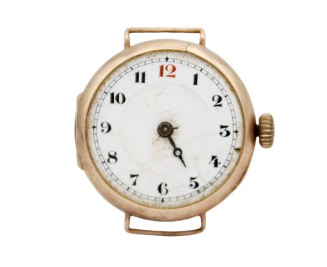 An early 20th century 9ct cased wire lug manual wind wristwatch. The 24mm white enamel dial with black and red Arabic numeral