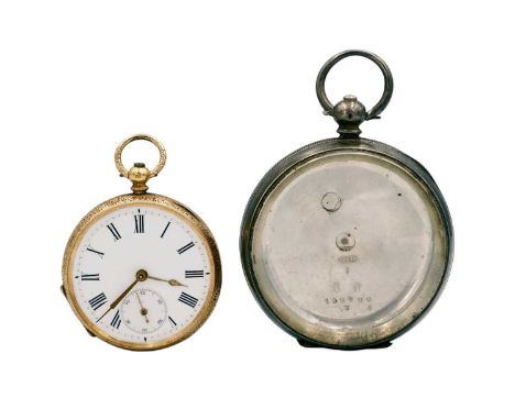 A 14ct gold cased fob pocket watch and a silver pocket watch case. The fob watch with foliate engraved case, stamped 14k, bas