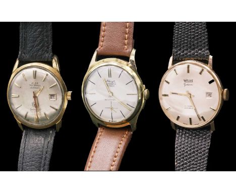 Three gentleman's mechanical wristwatches To include a Technos automatic on leather strap, 38mm, Walux on leather strap, 34mm