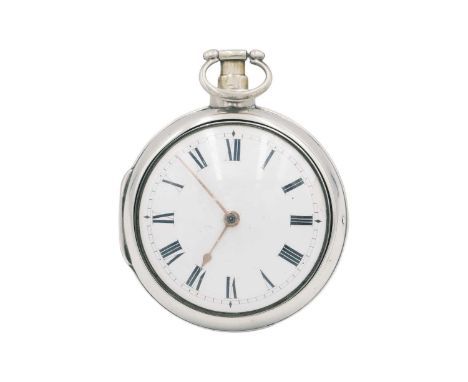 A George III silver pair cased fusee pocket watch. The enamel dial with black Roman numerals, unsigned engraved fusee movemen