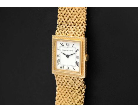 BUECHE-GIROD - A 9ct gentleman's mesh bracelet quartz wristwatch. The signed 18mm white enamel dial with inner minute track a