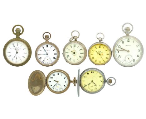 A collection of seven pocket watches for repair or spares. To include a silver cased half-hunter by Rode Watch Co, 50mm, a Wa