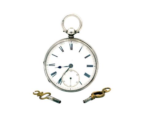 J. W. BENSON - A silver cased fusee lever key wind pocket watch. London 1871, the white enamel dial with Roman numerals and s