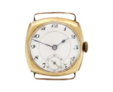A 1920's 18ct gold cushion cased gentleman's manual wind wristwatch. The 26mm white enamel dial with Breguet numerals, outer 