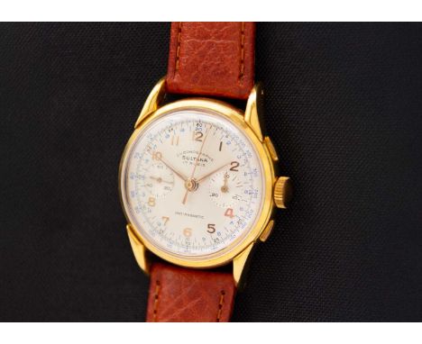 SULTANA - A chronograph gold-plated gentleman's manual wind wristwatch. The signed silvered dial with gilt applied Arabic num