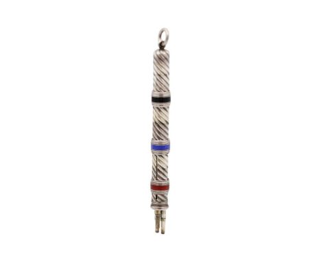 A Victorian silver and enamel triple propelling pencil fob. Of wrythen fluted form, the enamel coloured in red, blue and blac