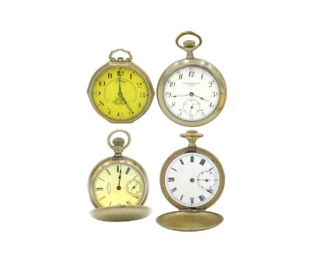 A group of four American gold-plated crown wind pocket watches for repair or spares. To include a Waltham full hunter, no. 35