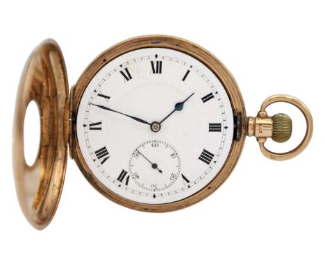 A 9ct rose gold half-hunter pocket watch. With unsigned white enamel dial with black Roman numerals and subsidiary seconds di