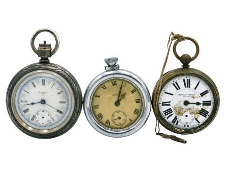 Three pocket watches for repair or spares. To include a silver cased Elgin, the 17 jewel movement no. 12070978, the case engr