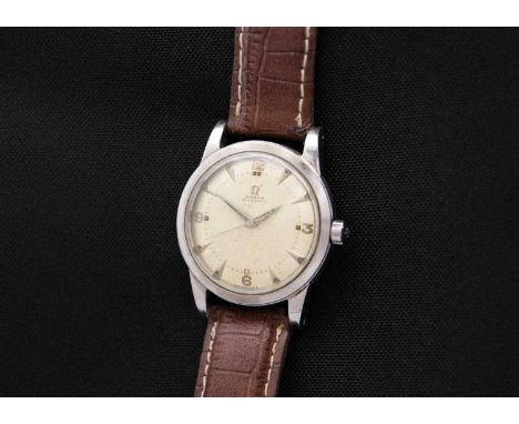 OMEGA - An automatic 'bumper' stainless steel gentleman's wristwatch. Cal. 351, circa 1950, the signed silvered 'pie pan' dia