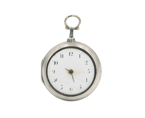 A George III silver pair case fusee verge pocket watch. The white enamel dial with Arabic numerals, mask and scroll engraved 