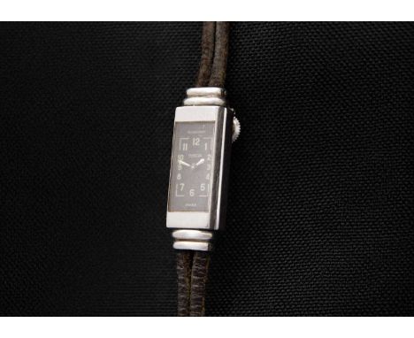 JAEGER-LECOULTRE - A Duoplan Art Deco stainless steel lady's manual wind wristwatch. The signed 8mm narrow rectangular black 