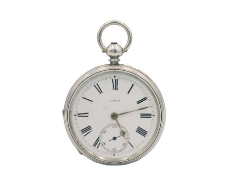 A silver cased fusee lever key wind open face pocket watch. The white enamel dial with Roman numerals, outer minute track, su