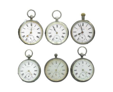 A collection of six silver-cased lever pocket watches for repairs or spares. To include a J. W. Benson 'THE 'LUDGATE' WATCH' 