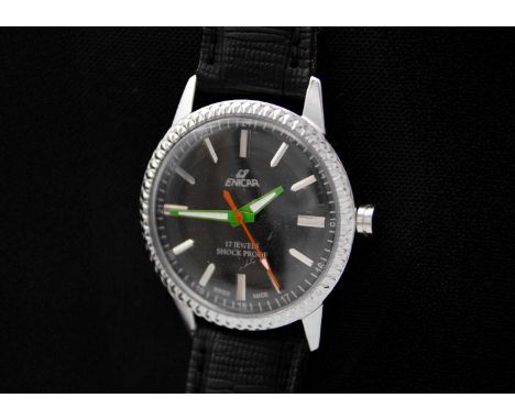 ENICAR - An incabloc stainless steel manual wind gentleman's wristwatch. Ref 20-45-041, the signed black guilloche dial with 
