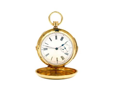 A good Swiss 18ct quarter repeating crown wind chronograph lever full hunter pocket watch. The white enamel dial with Roman n