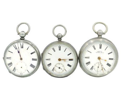 Three silver-cased key wind lever pocket watches. One is signed on the dial 'KAY'S FAMOUS LEVER', signed full plate movement,