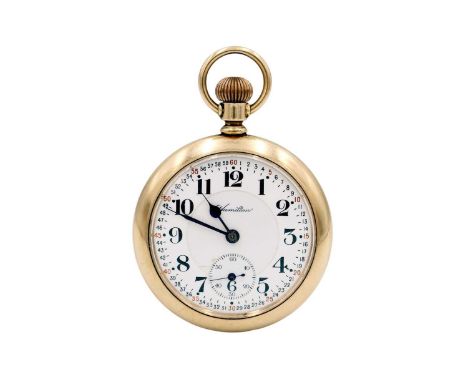 HAMILTON WATCH COMPANY - A gold plated crown wind lever set pocket watch. The signed dial with Arabic numerals and inner red 