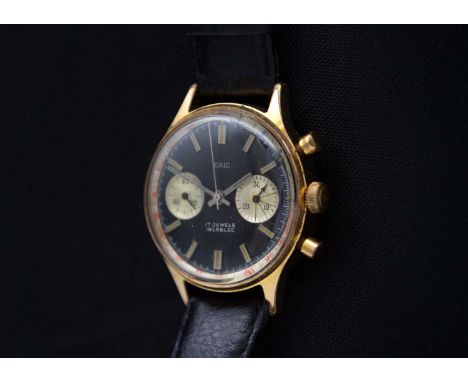 ERIC - A reverse 'panda' chronograph gold plated gentleman's manual wind wristwatch. The 32mm signed black dial with two silv