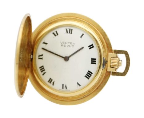 VERTEX - A Revue 1960's 18ct cased crown wind slimline dress full hunter pocket watch. The signed 29mm white enamel dial with
