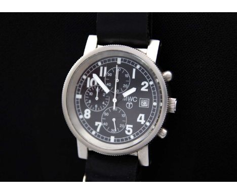 MWC - A military chronograph stainless steel gentleman's quartz wristwatch. The signed 30mm black dial with white Arabic nume