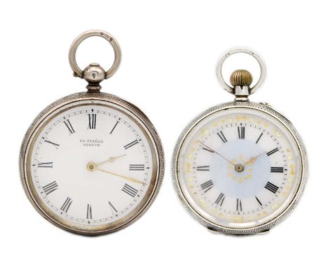 Two 0.935 silver cased Swiss cylinder fob watches. One is key wind with enamel dial signed LA FIDELE GENEVE, 39mm, the other 