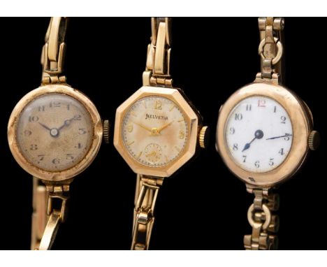 Three 9ct cased lady's manual wind wristwatches. To include an early 20th century circular cased watch with Buren 15 jewel mo