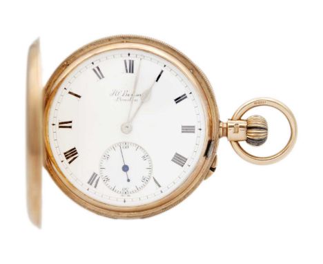 J.W. BENSON - A 9ct rose gold full hunter crown wind lever pocket watch. The signed white enamel dial with Roman numerals, ou