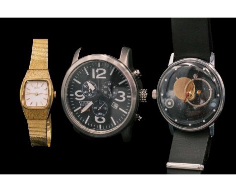 A selection of three wristwatches. To include a Citizen Eco-Drive WR 100, ref. H500 - S078814, 42mm; a Russian Raketa Caperni