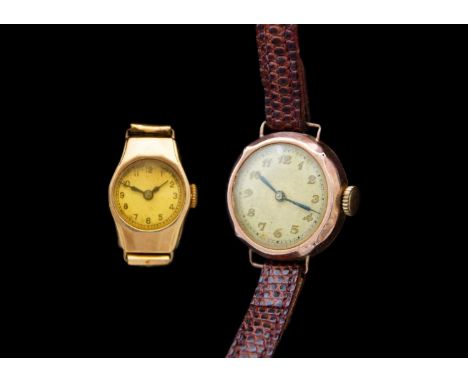 Two 9ct cased lady's manual wind wristwatches. One with circular case and Swiss 15 jewel movement, Chester 1933, 25mm; the ot