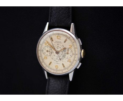 OLMA - An antimagnetic chronograph stainless steel gentleman's wristwatch. The 31mm silvered dial with gilt Arabic and arrow 