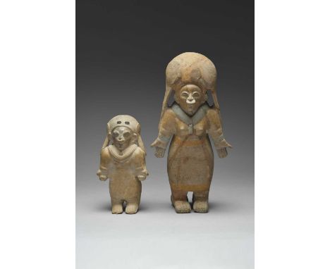 Two Jama Coaque standing female figuresEcuador, circa 500 BC - 500 ADpottery, the larger previously with a headdress surmount