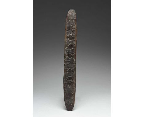 An Aboriginal message stick churingaAustraliawith carved chanelled and dot decoration to the front and channelled to the back