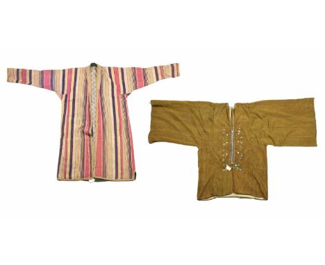 A cotton tunicpossibly Tunisiadyed with stripes in pink, purple, light green and fawn, with a printed lining,120cm long,and a