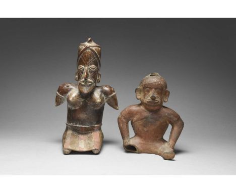A Jalisco kneeling female figure Mexico, circa 100 BC - 200 AD pottery, with linear decoration to the face, wearing a cross-o