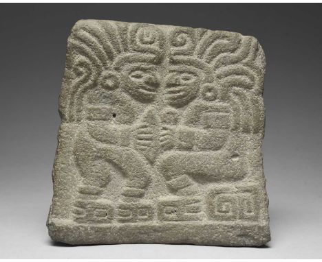 An Aztec relief panelMexicostone, depicting a seated and standing figure wearing plumed headdresses,26.5cm x 26.5cm.Provenanc