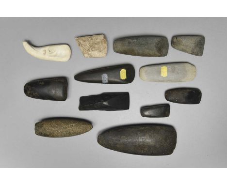 A collection of Oceanic adze bladesstone, basalt and shell, including Cook Islands, 12.5cm long, two with later written label