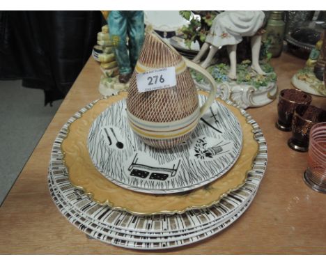 A selection of ceramics including retro Ridgeway plates, Royal Worcester cabinet plate and studio pottery jug