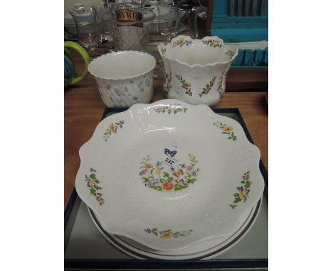 A Royal Doulton Platinum Concord cake plate, an Aynsley Cottage Garden bowl and planter and Wedgwood April Flowers planter