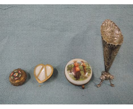 A selection of miniature objects of virtue including small ceramic trinket holder, and three foot posey vase