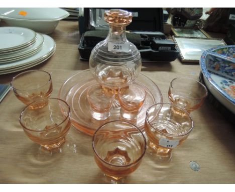 A vintage pink glass shot decanter and glasses set 