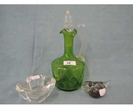 A selection of vintage glass wares including early hand blown green decanter 