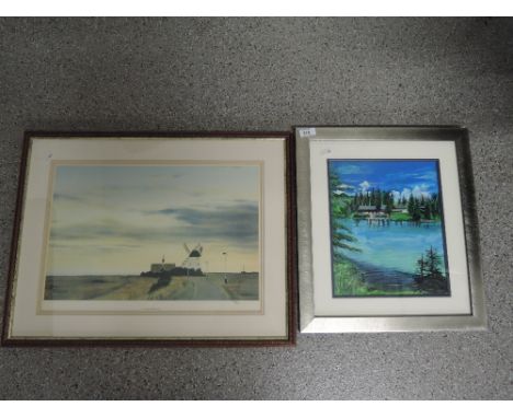 A lakeside scene watercolour and print after Jim Ridout, Lytham windmill 274/500