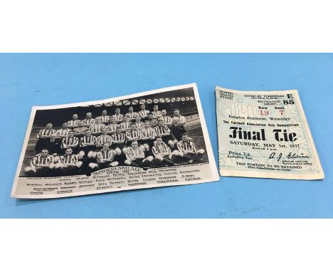 A 1937 F.A. Cup Final ticket, together with a postcard showing the 1935-36 SAFC squad