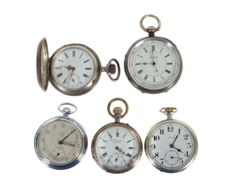 Fünf Taschenuhren u. a. Silber19./20. Jh., 1x Zenith, 1x M. Bleibinhaus/Nürnberg, 1x englische Silberuhr gepunzt, 1x Kienzle 