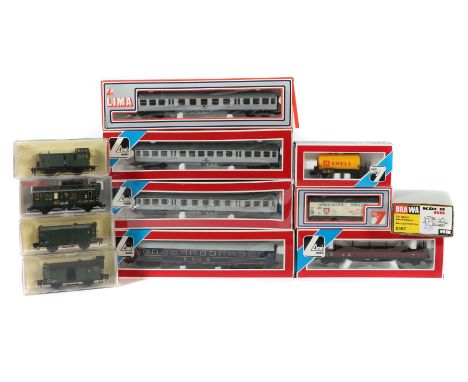 1 Lok, 11 WagenSpur H0, 1 x Brwa Lok 0487, KÖF II der DB; Lima: 4 Personenwagen: 2x 309156, 309155, 309206; Bierwagen 303111,